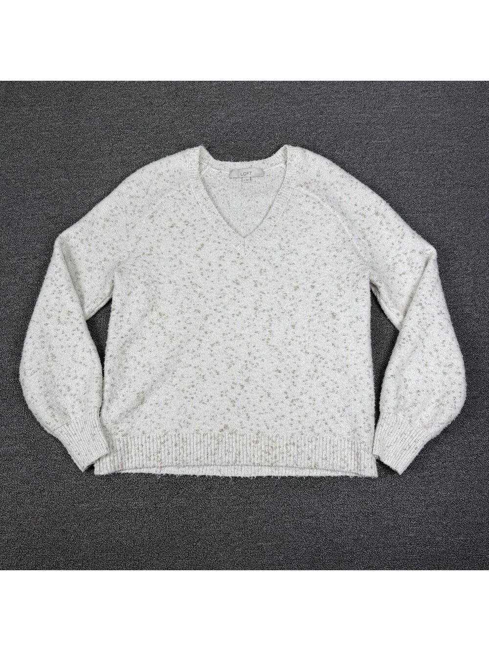 Loft Women's M Beige Gold Metallic V-Neck  Sweater Preppy Business Casual